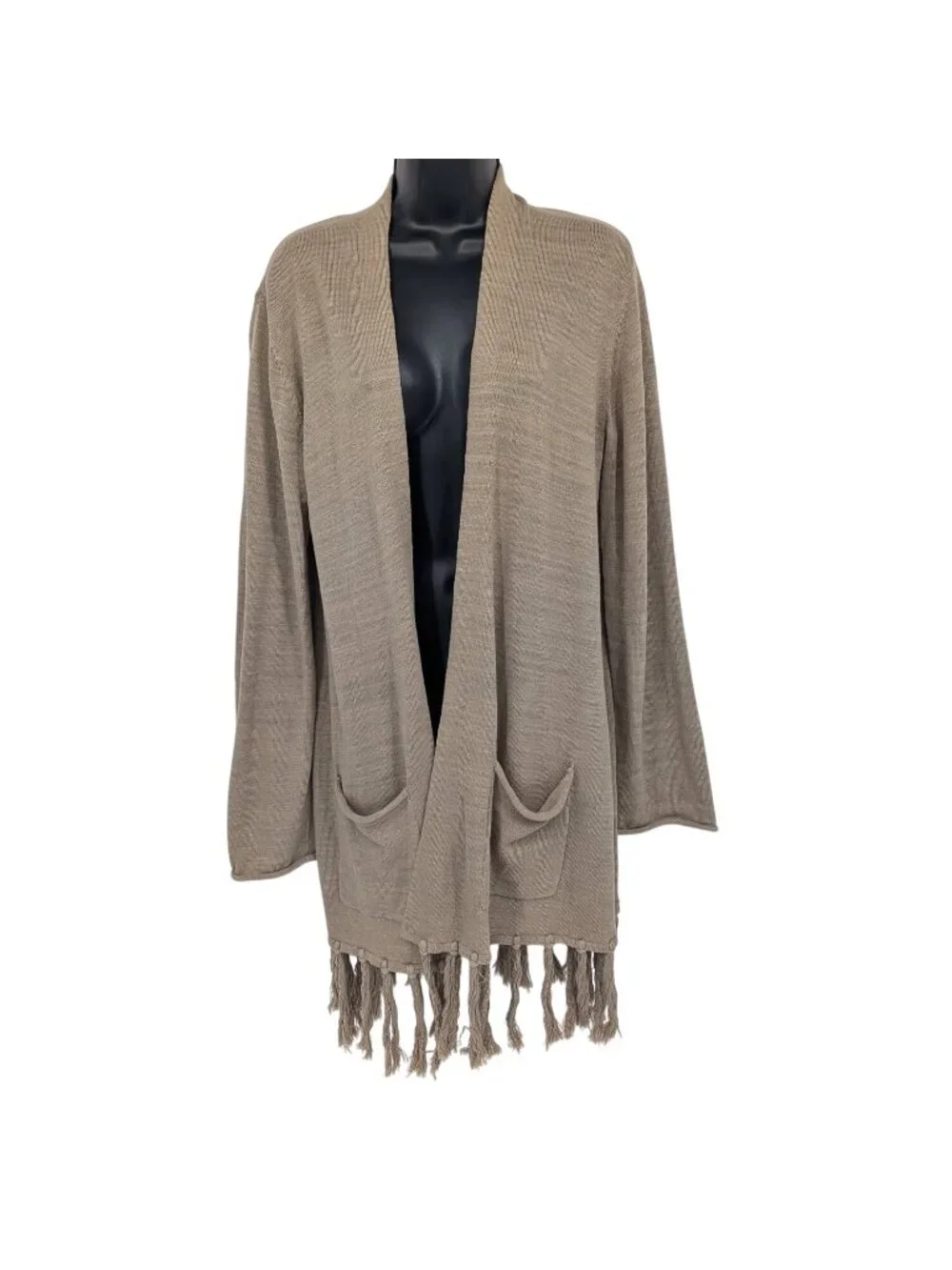 Lucky Brand Fringe Cardigan Longline Open Front Neutral Coastal Western Medium